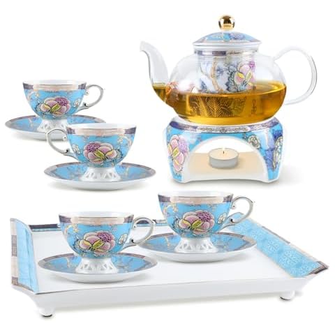 11pcs Bone China Tea Sets for Adults, Blue and White Tea Set with Teapot, Tea Warmer, Tea Tray, Vintage Tea Cup and Saucer Set for Tea Coffee, Luxury Tea Party Set for Women, Tea Gift Set Cover