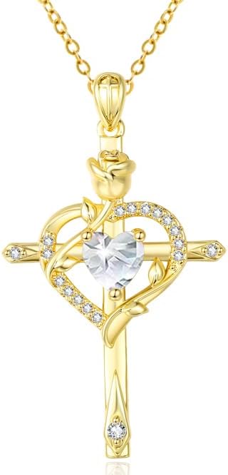 Cross Necklace for Women Gold 14K 18K Gold Plated Dainty Heart Birthstone Rose Necklaces Everyday Jewelry Baptism Faith Anniversary Christmas Birthday Gifts for Wife Mom