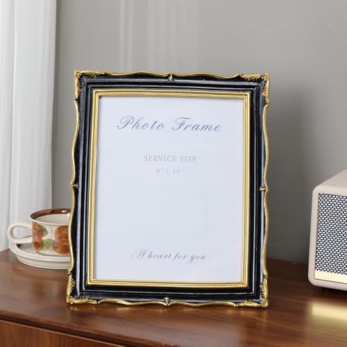 8x10 Black and Gold Picture Frame Vintage Frame, Ornate Textured Hand-Crafted Resin Photo Frames with Glass Front, 8 by 10 Decorative Picture Frame for Wall & Tabletop, Antique Frame Home Decor