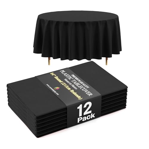 Exquisite 66% Thicker Premium Black Round Tablecloth 0.5 Mil 12 Pack Plastic Table Cloth Disposable 84 Inch Round Plastic Tablecloth Won't Tear Easily Like Cheap Thin Brands
