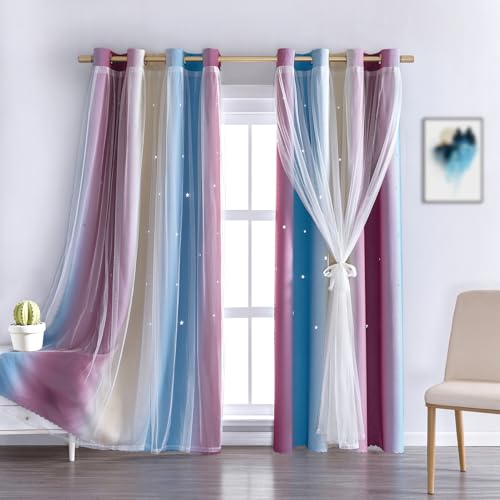 Image of Anytime Double Layer Dreamy Star Blackout Curtain 1 Panel W52 x L63,Purple | Princess Style Window Drapes for Kids Room Elegant Decor for Daughter Bedroom Living Room Soft Fabric Design