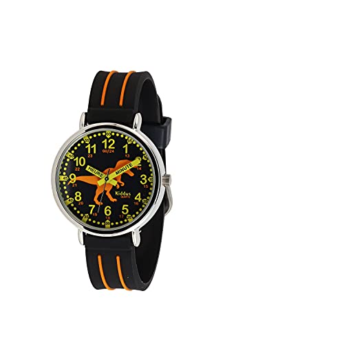 Kiddus Montre Bracelet Éducative pour Enfants, garçon. Time Teacher Analogique avec Exercices. Facile d’Apprendre à Lire l’Heure. Dino. Aiguilles Écrites. Noir et Orange