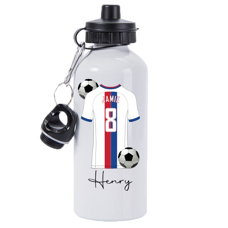Pickhut Personalised Football 600ml White Aluminium Sports Water Bottle Back to School Gift for Kids, Customised with Name/Number/Text with Football Shirt White Jersey Red & Blue Stripes Kit (D10) โ image 1