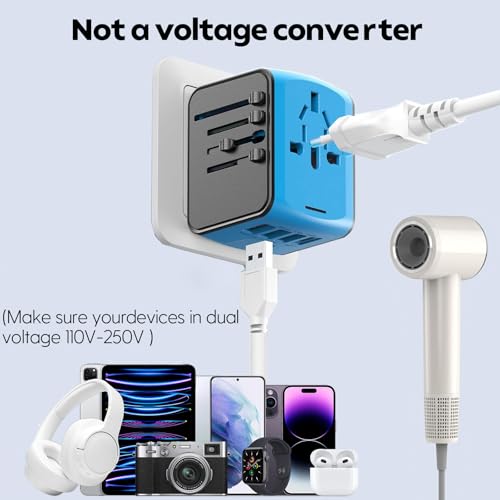 Image of JMFONE Universal Travel Adapter, 4 USB C /A Ports & 2500W AC Outlets, All-in-One International Power Plug Adapter for All USB Devices, Worldwide Travel Charger for Europe US UK AU 200+ Countries (Blue)