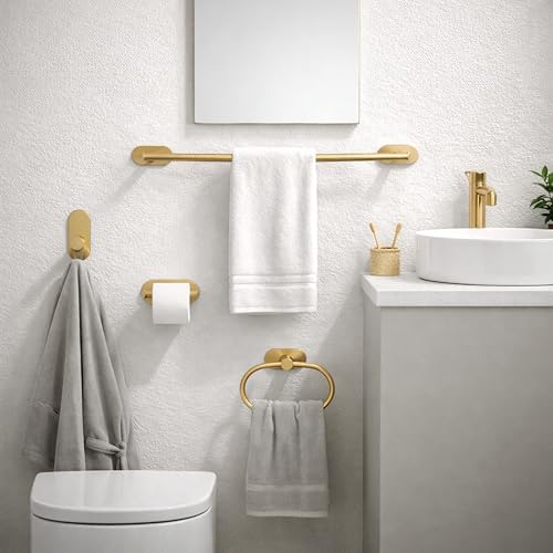 Image of JIALTO Bathroom Towel Holder | 4 Pcs Wall Mounted Bathroom Clothes Hanger with Adhesive Hooks | Towel Rod | Tissue Paper Holder | Bathroom Fittings Rod & Towel Stand (Gold, 4 - Pieces Set)