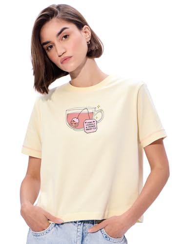 Image of The Souled Store Priori-Tea Women and Girls Short Sleeves Round Neck Yellow Embroidered Cotton Relaxed Fit T-Shirts