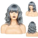 Tipo: peluca para mujer. Aprox. 14 pulgadas de largo, 8 onzas de peso. Peluca sintética ondulada con flequillo. El color es gris mezclado azul. Ideal para principiantes y aficionados a la peluca.