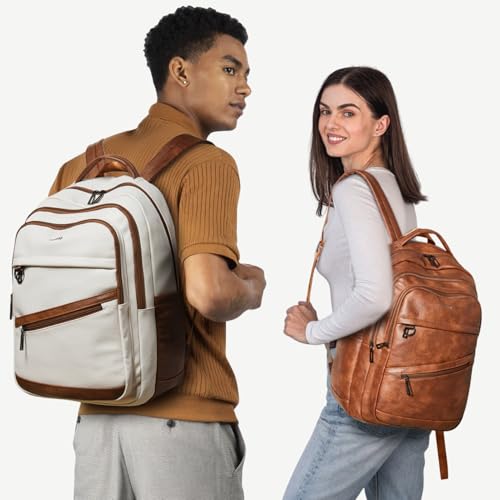 43L Backpack for Women Men - Vegan Leather Backpack Purse Travel Carry-on Bag College Bookbag Work fits 17" Laptop, Brown2