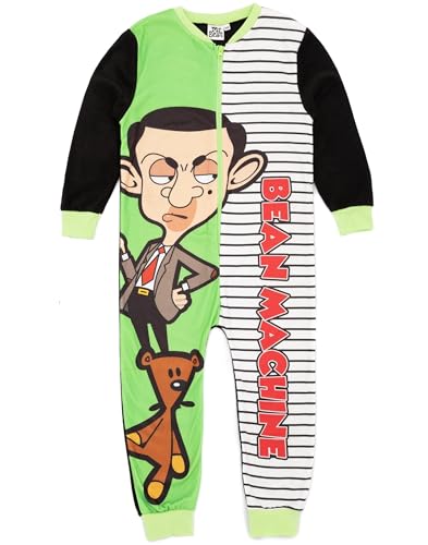 Mr Bean Boys Onesie in Green | Kids All In One Fleece Jumpsuit Loungewear Pyjamas | Funny TV Series Cartoon Sketch Jumpsuit Romper | Bean & Teddy Bodysuit PJs Merchandise Gift for Children