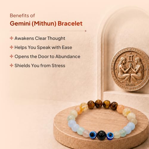 Image of Mithun (Gemini) Rashi Bracelet | Tiger's Eye, Citrine, Amazonite, Blue Lace Agate, Fluorite, Evil Eye | Boosts Intellect, Adaptability, Communication & Clear thinking | For Men & Women