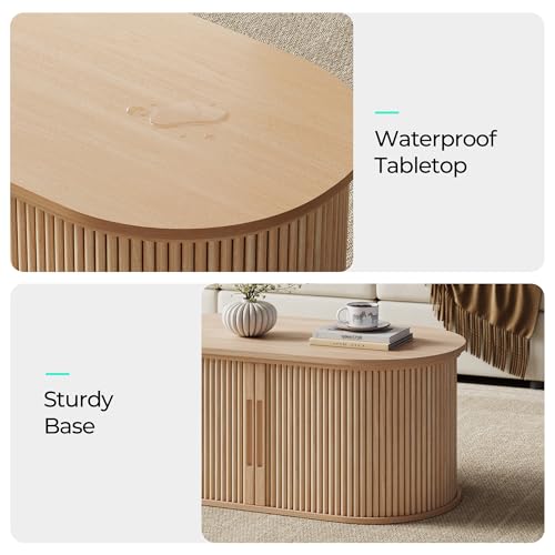 Image of LINSY Lift Top Coffee Table, Oval Fluted Coffee Table with Storage, Boho Wooden Coffee Tables with Sliding Tambour Door, 39 inch Center Table for Living Room, Office, Small Space, Natural Oak