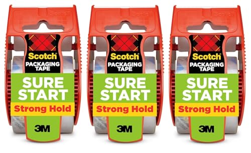 Image of Scotch Sure Start Packing Tape, Clear, Quiet Unwind and Easy Start, Moving Supplies, 1.88 in. x 22.2 yd., 3 Tape Rolls with Dispensers