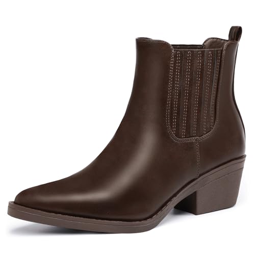 IDIFU IN2 Women's Chelsea Boots Pointed Toe Ankle Booties Low Short Chunky Block Heel Fall Boots Slip On Dress Boots for Women Ladies Comfy Casual Comfortable Cute Elastic Boots