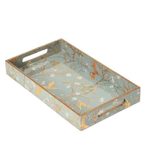 Image of Set of 3 Waterproof Lacquer Coated Wooden Trays - Humming Bird & Blossom Vintage Floral Design, Multipurpose MDF Serving Tray with Handles (16x10, 14x8, 12x6 Inches)(Setof3- SilverGoldBirds)