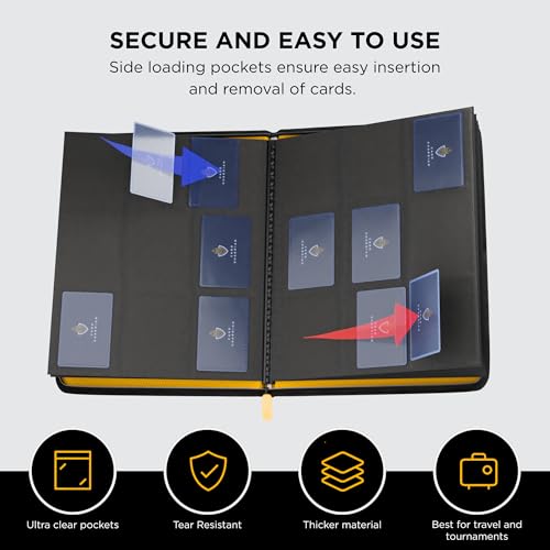 Image of Card Guardian - 9 Pocket Premium Black Binder with Zipper for 360 Cards - Side Loading Pockets for Trading Card Games TCG (Yellow)
