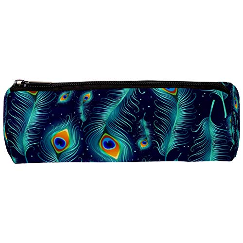 Estuche de plumas de pavo real con patrón azul para lápices, bolsa linda con cremallera para papelería, viajes, escuela, suministros para estudiantes