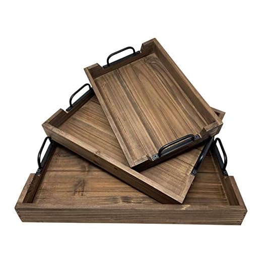 3 Piece Decorative Nested Vintage Wood Serving Tray Set For Coffee Table or Ottoman – Rustic Wooden Breakfast Trays For Kitchen, Dining Room, or Living Room – Farmhouse Platter w/Handles – Brown
