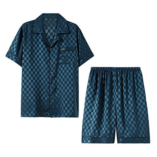 Ropa de Dormir de Los Hombres Conjunto de Pijama de Raso Manga Corta Ropa de Salón Camisa con Botones con Boxers Dos Piezas Fresco Respirable Ropa de Dormir con Bolsillos,14,XXL Cover