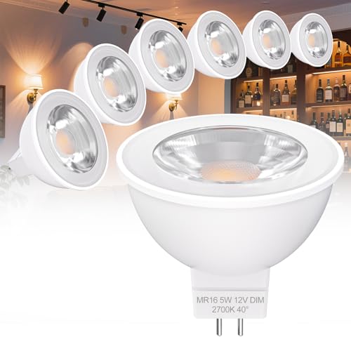 Noobibaba Bombilla LED MR16 ajustable 5 W 450 lm, equivalente 45 W Halógeno, 2700 K, blanco cálido, 12 V, baja tensión interior/exterior, ideal para luminarias de paisaje exterior, 6 paquetes