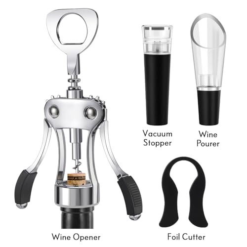Image of KORCCI Multifunctional Wine Bottle Opener Gift Set - Heavy-Duty Zinc Alloy Wing Corkscrew, Foil Cutter, Vacuum Stopper & Aerator Pourer for Kitchen, Bar, Restaurant, Bartenders