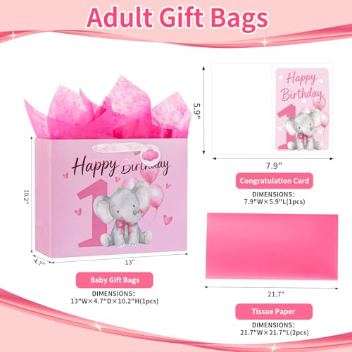 Image of Powbrace 13 inch 1st Birthday Gift Bag with Tissue Paper and Greeting Card for Party, Happy Birthday Gift Bag for Men Women,Gift Bags Medium size(1 PCS Pink Cartoon)