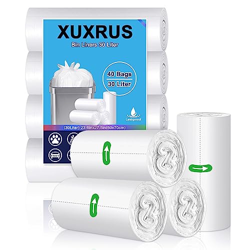 XUXRUS 30L Strong Tall Pedal Bin Bags, White Clear Kitchen Trash Liners, 40 Counts - Home Kitchen Bathroom Office Use, Camping Party Waste Disposal