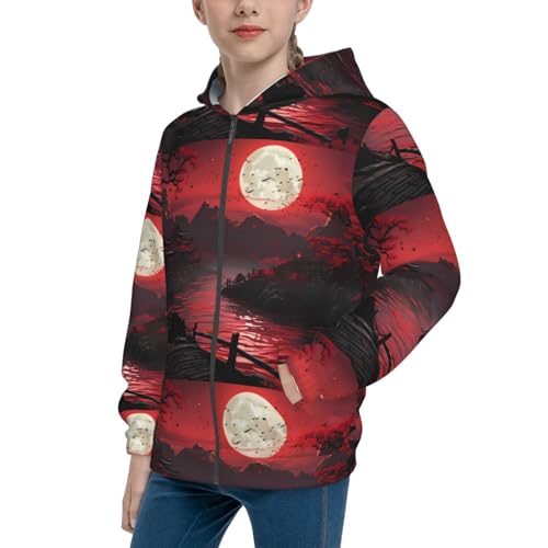 Riverside Full Moon Kids Pullover Hoodies Boys Zip Up Sweatshirts Girls Athletic Clothes with Pocket