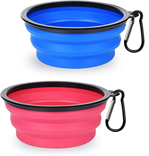 Image of PetBonus 2-Pack Large Silicone Collapsible Dog Bowl (4 Cups,34oz), BPA Free and Dishwasher Safe, Portable Foldable Travel Bowl, Food and Water Bowls for Dogs and Cats - 2-Color Carabiners Per Set
