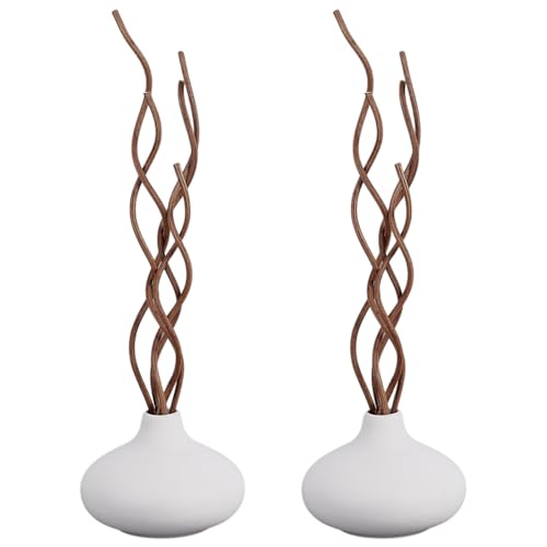 Set de 2 jarrones cerámicos blancos con sticks de ratán miniatura 1
