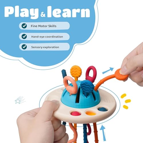 Image of Pull String Sensory Toy for Toddlers | Teething Toy for Babies 6+ Months | Montessori Fine Motor Skills | Food Grade Silicone | UFO Shape | Gift for Baby Boy Girl Toddler (UFO), Blue