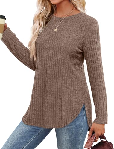 Image of Saloogoe Long Sleeve Shirts for Women 2025 Fall Clothes Tunic Tops Loose Fit Dressy Crewneck Pullover Sweaters Curved Hem