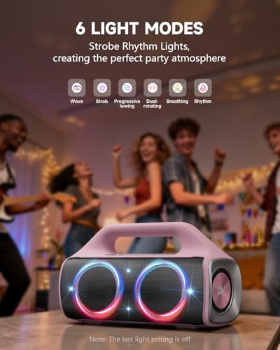 Image of IP67 Waterproof Bluetooth Speaker:80W(Peak) Loud Outdoor Portable Wireless Party Speakers with LED Lights,20H Playtime,Bluetooth 5.3,Deep Bass & TWS for Pool,Beach (Pink)