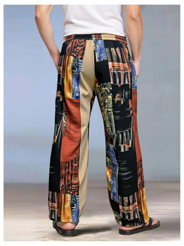GORGLITTER Men's Patchwork Pants Drawstring Waist Wide Leg Baggy Wide Leg Pants Summer Vacation Beach Trousers3