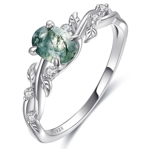 Engagement Rings for Women 925 Sterling Silver Oval Cut Moss Agate/Black Rutilated Quartz/Emerald Gemstone Wedding Rings Promise Ring Size 5-9