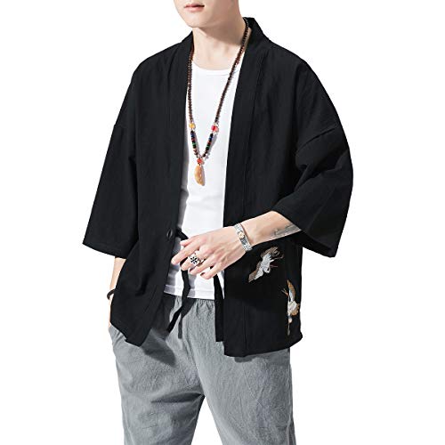 Image of PRIJOUHE Men's Kimono Jackets Cardigan Lightweight Casual Cotton Blends Linen Seven Sleeves Open Front Coat Outwear