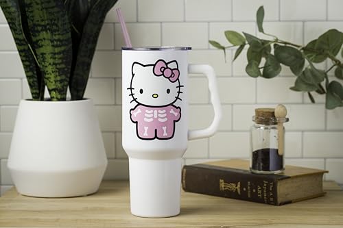 Image of Silver Buffalo Sanrio Hello Kitty Halloween Spooky Skeleton Costume Stainless Steel Tumbler with Handle and Straw, Fits in Standard Cup Holder, 40 Ounces (Pack of 12)