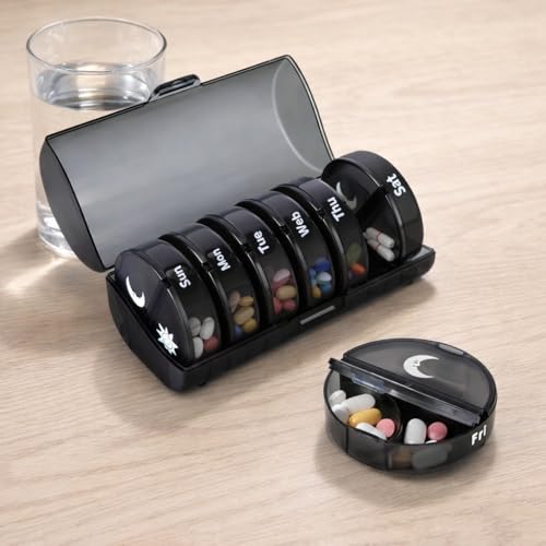 Image of Sumiko Large Weekly Pill Medicine Organizer Box 4 Times A Day | One Week Daily Tablets Container | Weekly Pill Cases Portable for Pills Vitamin Fish Oil Supplements | For Travel & Gifts (Black)