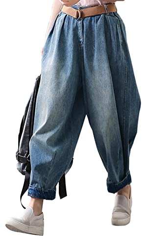 Women's Casual Wide Leg Jeans High Waist Bloomers Democracy Capris Jeans Blue #TOP8