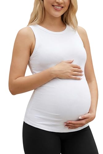 OUGES Womens 2026 Cotton Maternity Tank Tops with Built in Bras Summer Sleeveless Crewneck Ribbed Knit Pregnancy Must Haves Sports Clothes Yoga Workouts Shirts(White M)