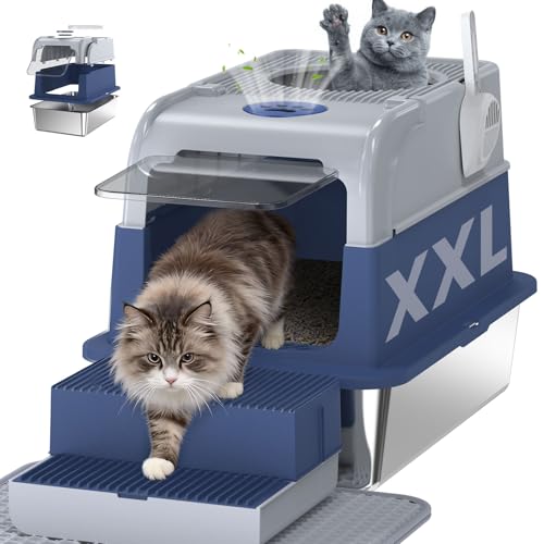XXL Bac Litière pour Chat en Acier Inoxydable avec Couvercle, Litière Fermée Cityflee, Bac à Litière Couvert avec Entrée par Le Dessus et l'avant, Inclut...
