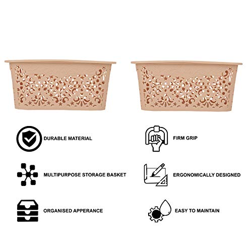 Image of Cutting Edge Essentials Plastic Storage Baskets /Shelf /Turkish Rack with Lid - Set of 2 for Fruit Vegetable Bathroom Stationary Home Basket with Handle (Beige, Small)