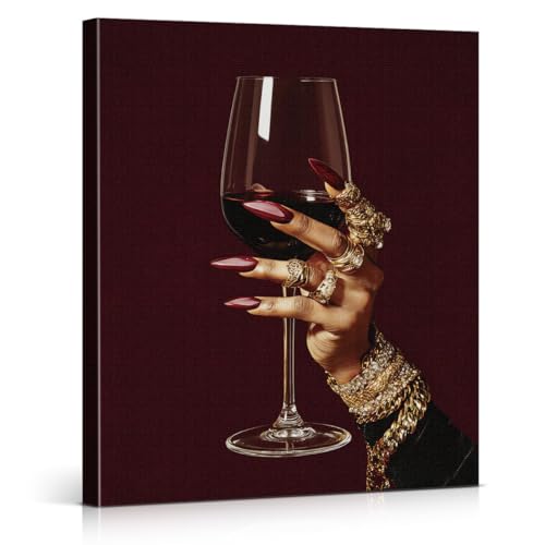 YeleY Black Woman Holding Wine Canvas Wall Art Elegant Bar Decor