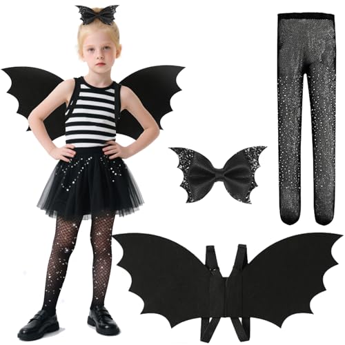 WEITAPYT Disfraz de Murciélago para Niño Halloween Disfraz Murcielago Niña Costume Murciélago Niña con Alas de Murciélago, Pinza para el Pelo y Medias de Red Para Carnaval Cosplay Halloween Fiesta