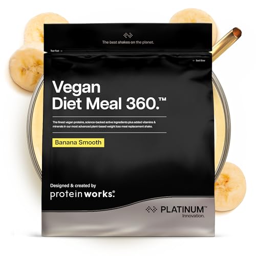 Protein Works | Vegan Diet Meal 360 – PLATINUM Innovation, veganer Protein-Mahlzeitenersatz-Shake, unterstützt gesundes Abnehmen, Vitaminen, Mineralien & grünem Tee, Banana Smooth, 8 Mahlzeiten, 500g