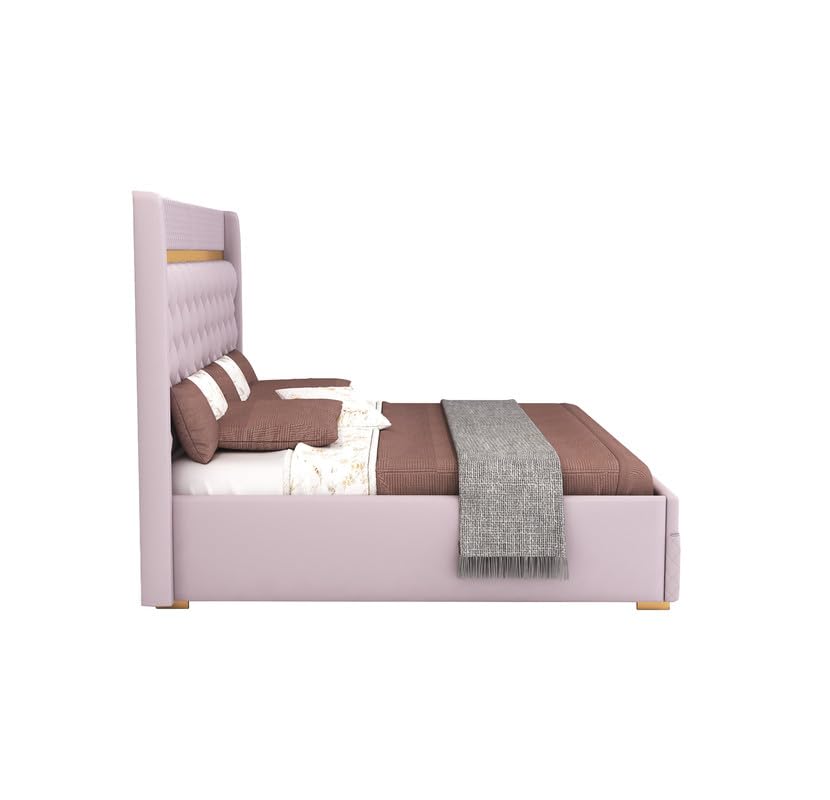 Image of MAMTA DECORATION Solid Wood Queen Size Bed with Hydraulic Box Storage | Premium Velvet Upholstered Tufted Headboard Double Bed |Wooden Cot Bed for Bedroom, Home, Hotel & Guest Room|Light Purple Finish