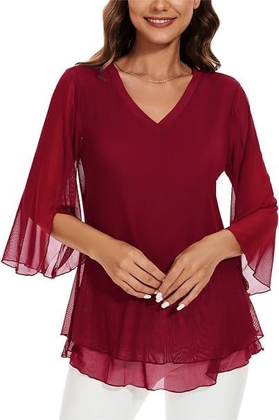 Actcat Damen Bluse Elegant 3/4 arm V-Ausschnitt Mesh Festliche Oberteil Blumen Doppellagige Tunika