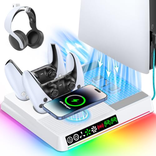 Image of PS5 /Slim /Pro Cooling Station, PS5 Stand with Wireless Phone Charger & DualSense & Edge Controller Dock, 2.5H Fast Charging Base for 2 Controllers, 3‑Speed Fan, 9-Color RGB PS5 Vertical Stand
