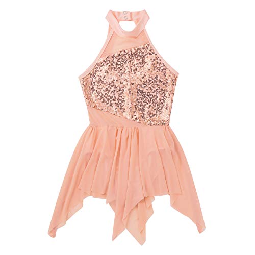 YiZYiF Vestido Patinaje Artístico Niñas Maillot Ballet Gimnasia Rítmica Competición Falda Irregular Vestido Danza con Lentejuelas Traje Bailarina Leotardo 6-14 Años Naranja 12 Años