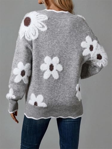 Women's Floral Pattern Scallop Trim Sweater, V Neck Fuzzy Sweaters, Scalloped Sweater Knit Pullover Tops3