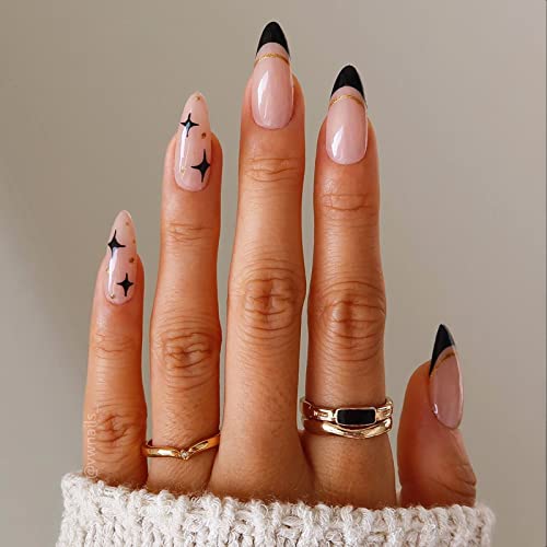 Vaveah 24 Pcs Press On Nails Medium, Acrylic Stiletto Fake Nails With Stars, False Nails With Nail Glue On Nails For Women (Black French And Stars) #TOP1